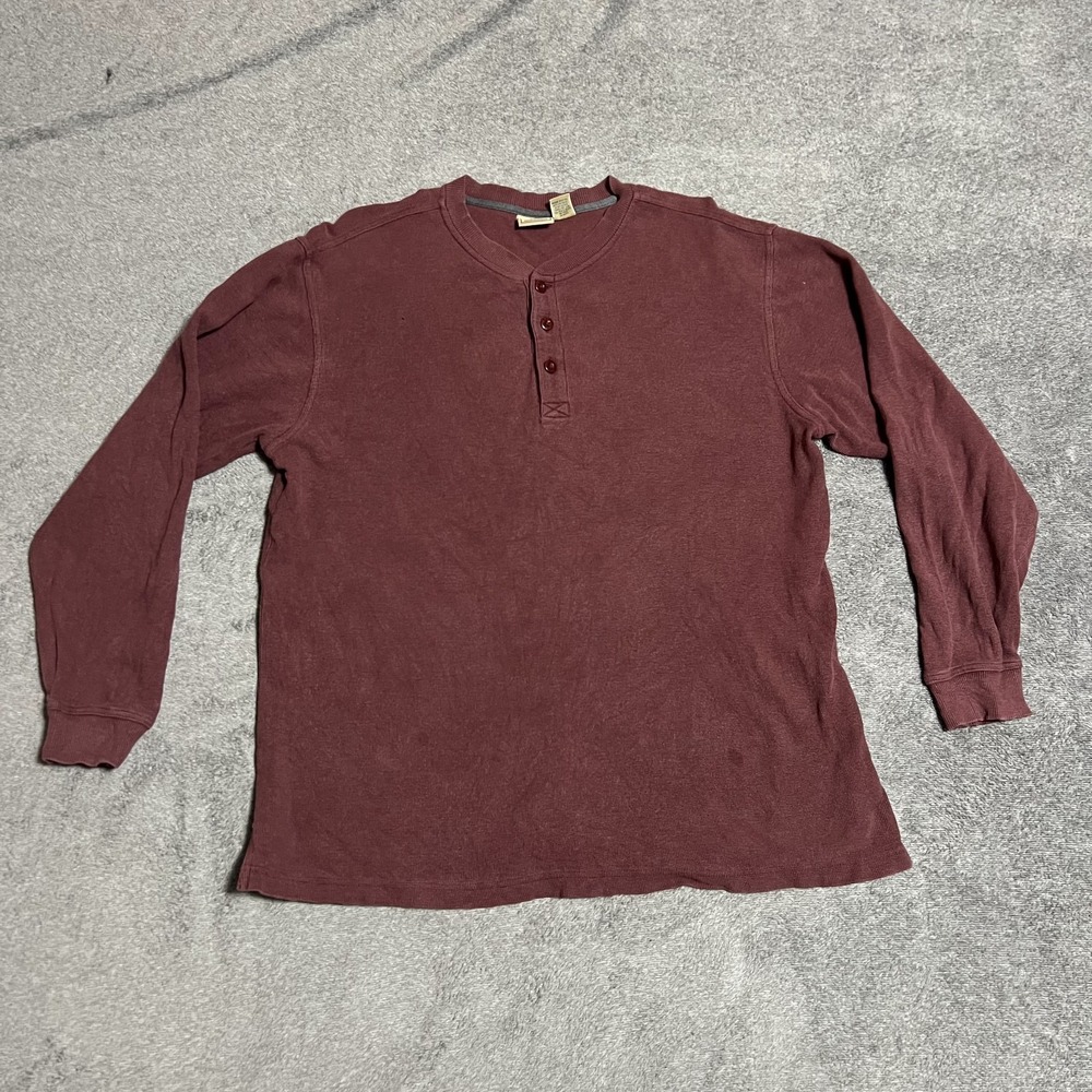 LL Bean Shirt Mens Large Tall Maroon Red Cotton Henley Long Sleeves Thermal Tee